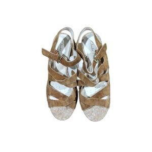 Clarks Suede Crisscross Strap Slingback Sandal with 3" Stacked Heels Brown, Sz 8